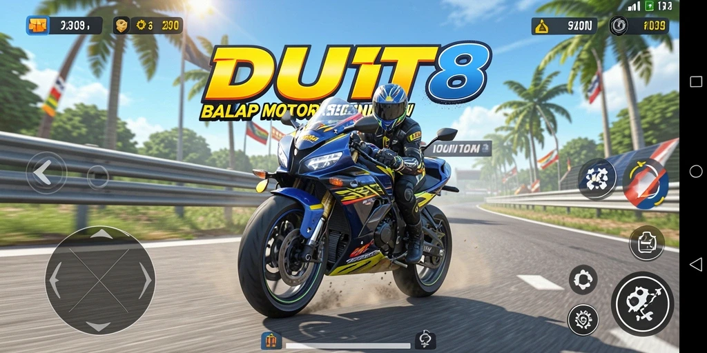 Screenshot gameplay DUIT8 yang menampilkan aksi balap motor yang seru.