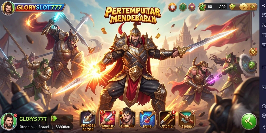 Tampilan gameplay yang mendebarkan di GLORYSLOT777 saat pemain bertarung di medan perang.