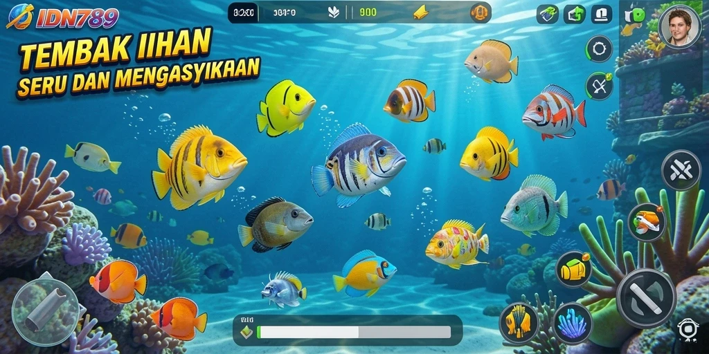 Tampilan gameplay seru di IDN789 saat menembak ikan.