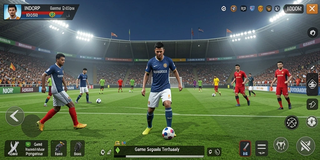 Tampilan gameplay <strong>INDORP</strong> dengan aksi seru di lapangan sepak bola.