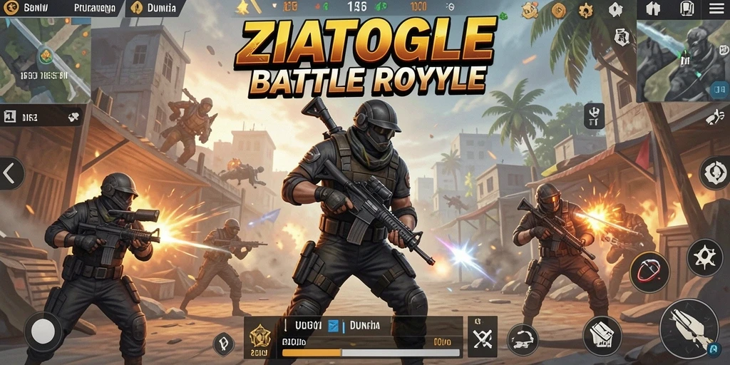 Screenshot ZIATOGEL menampilkan aksi laga seru dalam pertempuran Battle Royale.